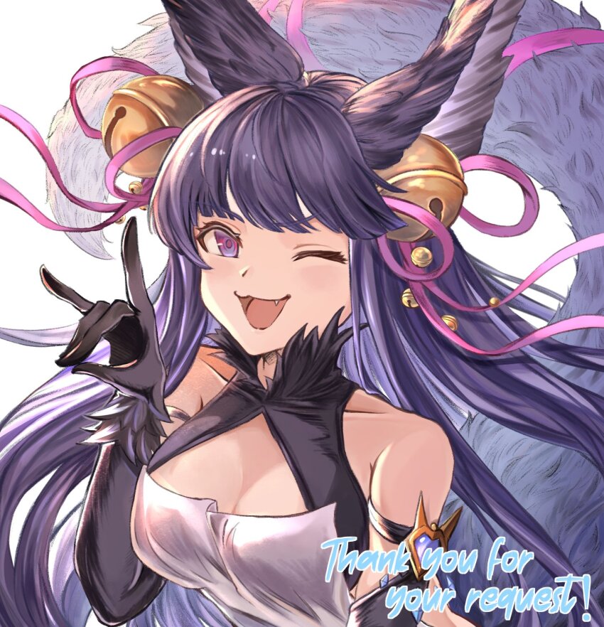 1girl animal_ears bell black_hair erune fang fox_ears fox_girl fox_shadow_puppet fox_tail granblue_fantasy hair_bell hair_ornament highres jingle_bell long_hair looking_at_viewer nanumi_(780887) one_eye_closed open_mouth red_eyes simple_background smile solo tail white_background yuel_(granblue_fantasy)