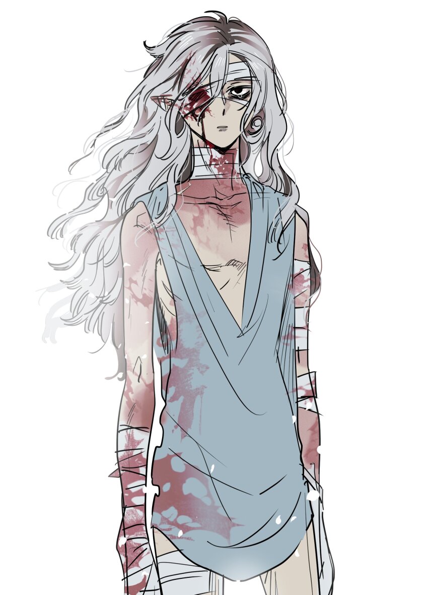 1boy absurdres bags_under_eyes bandage_over_one_eye bandaged_arm bandaged_head bandaged_neck bandages black_eyes blood blood_on_clothes blood_on_face bloody_tears cowboy_shot dungeon_meshi elf eye_injury floating_hair grey_hair highres injury long_hair looking_at_viewer male_focus mithrun oejikim parted_lips pointy_ears simple_background solo tearing_up tunic wavy_hair white_background