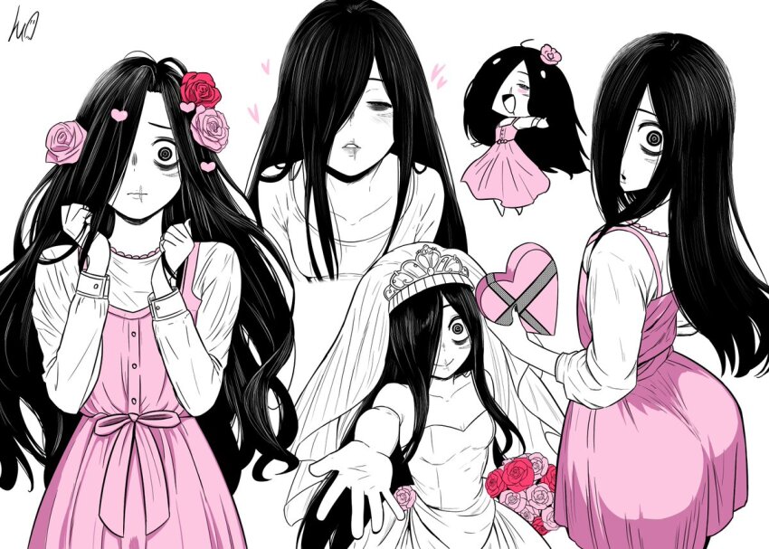 1girl :d @_@ ass black_hair breasts chibi dress flower ghost_girl hair_flower hair_ornament hair_over_eyes hair_over_face hair_over_one_eye jewelry large_breasts limited_palette long_hair looking_at_viewer lughost open_mouth pink_dress pink_flower red_flower ring rose scar scar_on_lip signature simple_background small_breasts smile solo spot_color the_ring very_long_hair wedding_ring yamamura_sadako