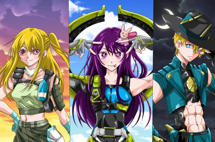 1boy 2girls abs apex_legends black_gloves black_hat blue_eyes blue_gloves blue_jacket breasts clothing_cutout cloud conduit_(apex_legends) conduit_(apex_legends)_(cosplay) cosplay cropped_jacket double_v fingerless_gloves gloves green_pants green_tank_top grey_gloves hair_behind_ear hair_ornament hat highres hoshino_ai hoshino_ai&#039;s_pose hoshino_aquamarine hoshino_ruby jacket lifeline_(apex_legends) lifeline_(apex_legends)_(cosplay) long_hair looking_at_viewer looking_down medium_breasts midriff multiple_girls navel night oshi_no_ko pants purple_eyes purple_hair rabbit_hair_ornament seer_(apex_legends) seer_(apex_legends)_(cosplay) sena_(neongai12) short_hair side_ponytail sleeveless sleeveless_jacket smile stomach_cutout straight-on symbol-shaped_pupils tank_top tongue tongue_out upper_body v very_long_hair