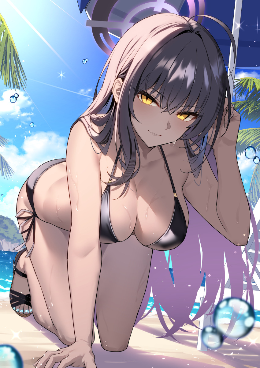 1girl absurdres aosaki_yukina beach bikini black_bikini black_hair blue_archive blue_sky breasts cleavage closed_mouth dark-skinned_female dark_skin full_body hair_between_eyes halterneck highres karin_(blue_archive) large_breasts long_hair looking_at_viewer nail_polish outdoors palm_tree sandals shadow side-tie_bikini_bottom sidelocks sky smile solo string_bikini sunlight swimsuit thighs toenail_polish toenails tree wet yellow_eyes