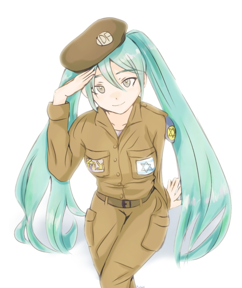 1girl aiokosaio aqua_hair brown_jacket brown_pants closed_mouth grey_eyes hatsune_miku hexagram highres israel israel_defense_forces jacket long_hair military_jacket pants salute simple_background smile solo star_of_david twintails vocaloid white_background worldwide_miku