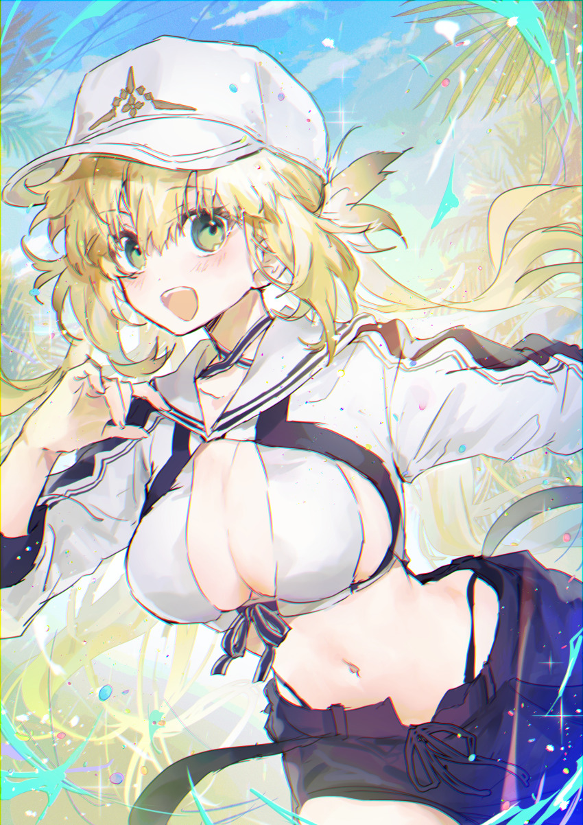 1girl absurdres alternate_breast_size artoria_caster_(fate) artoria_caster_(swimsuit)_(fate) artoria_caster_(swimsuit)_(first_ascension)_(fate) artoria_caster_(swimsuit_berserker)_(fate) artoria_caster_(swimsuit_berserker)_(first_ascension)_(fate) artoria_pendragon_(fate) baseball_cap bikini black_shorts blonde_hair blue_sky blush breasts cleavage commentary cropped_jacket fate/grand_order fate_(series) green_eyes hat highres jacket large_breasts long_hair long_sleeves looking_at_viewer navel open_mouth outdoors shorts sky smile solo stomach swimsuit twintails very_long_hair white_bikini white_hat white_jacket yakksan