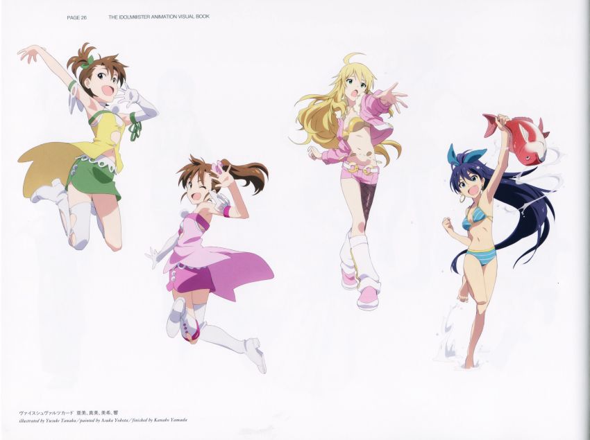 4girls :d :o ;d absurdres ahoge armpits artist_name bare_arms bare_legs barefoot bikini blonde_hair blue_bikini blue_bow blue_eyes blue_hair boots bow bra breasts brown_eyes brown_hair cleavage copyright_name elbow_gloves fang fish floating_hair food full_body futami_ami futami_mami ganaha_hibiki gloves green_bow green_eyes green_skirt hair_bow high_ponytail highres holding holding_food hoshii_miki idolmaster idolmaster_(classic) jacket jumping long_hair long_sleeves midriff miniskirt multiple_girls navel official_art one_eye_closed one_side_up open_clothes open_jacket open_mouth outstretched_arm page_number pantyhose pantyhose_under_shorts pink_bow pink_jacket pink_shorts pink_skirt sea_bream short_hair short_shorts shorts side_ponytail side_slit single_glove single_leg_pantyhose skirt small_breasts smile standing standing_on_one_leg stomach strapless strapless_bra striped_bikini striped_clothes swimsuit tanaka_yuusuke thigh_boots underwear very_long_hair white_background white_footwear white_gloves yellow_bra