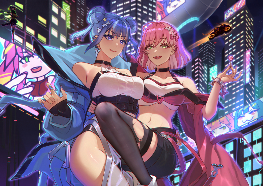 2girls :3 absurdres bare_shoulders black_thighhighs blue_eyes blue_hair blue_jacket blue_nails blush bracelet breast_press breasts building candy collarbone duel_monster earrings evil_twin_ki-sikil evil_twin_lil-la food hair_bun hair_ornament hand_on_another&#039;s_waist highres holding holding_candy holding_food holding_lollipop i:p_masquerena jacket jewelry ki-sikil_(yu-gi-oh!) large_breasts leotard lil-la_(yu-gi-oh!) live_twin_ki-sikil live_twin_lil-la_sweet lollipop megatron_(pixiv16907671) motor_vehicle motorcycle multiple_girls navel open_mouth pantyhose pink_jacket pink_nails s-force_rappa_chiyomaru s:p_little_knight short_hair smile strapless thighhighs thighs torn_clothes torn_thighhighs twintails yu-gi-oh! yuri