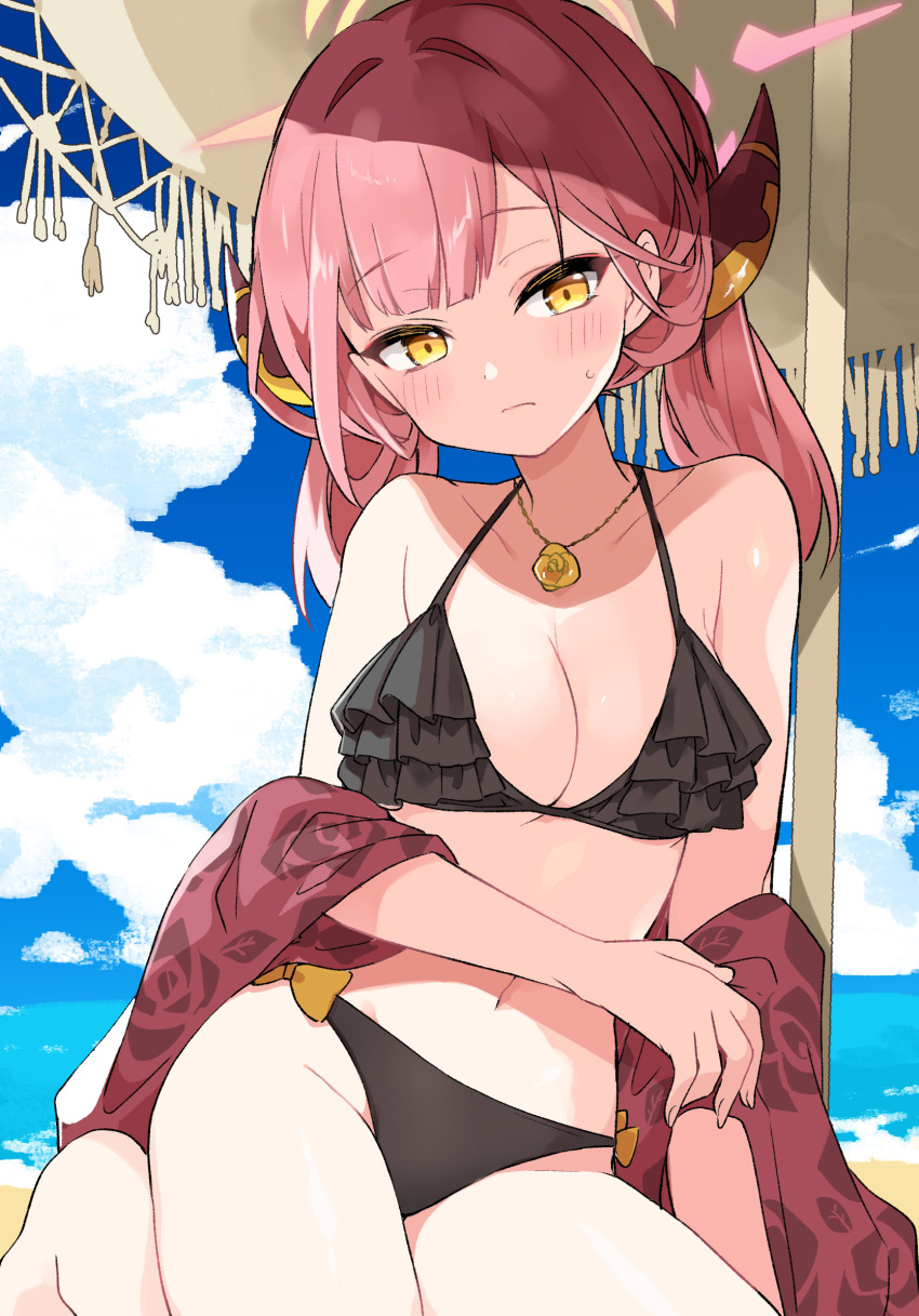 1girl aru_(blue_archive) bare_shoulders barefoot beach beach_umbrella bikini black_bikini blue_archive blue_sky blush breasts cleavage closed_mouth cloud cloudy_sky collarbone commentary_request day frilled_bikini frills halo highres horizon horns kamiyoshi_rika long_hair medium_breasts ocean outdoors pink_hair sky solo swimsuit umbrella water yellow_eyes