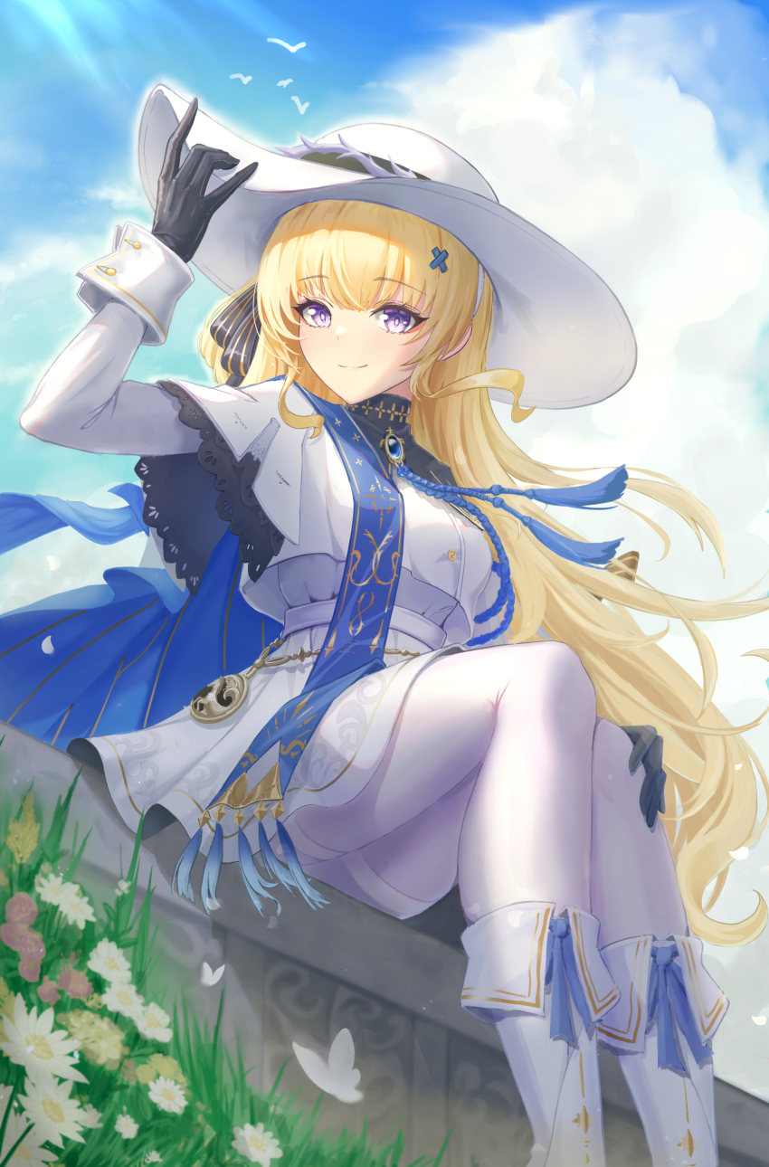 1girl absurdres black_bow black_collar black_gloves blonde_hair blue_gemstone blue_sash blue_sky boots bow breasts collar commentary day gem gloves hair_bow hair_ornament hand_on_own_knee hand_up hat high-waist_skirt highres john981111 long_hair long_sleeves medium_breasts outdoors pantyhose phoebe_(wuthering_waves) sash shirt sitting skirt sky solo striped_bow thighband_pantyhose very_long_hair white_boots white_hat white_pantyhose white_shirt white_skirt wuthering_waves x_hair_ornament