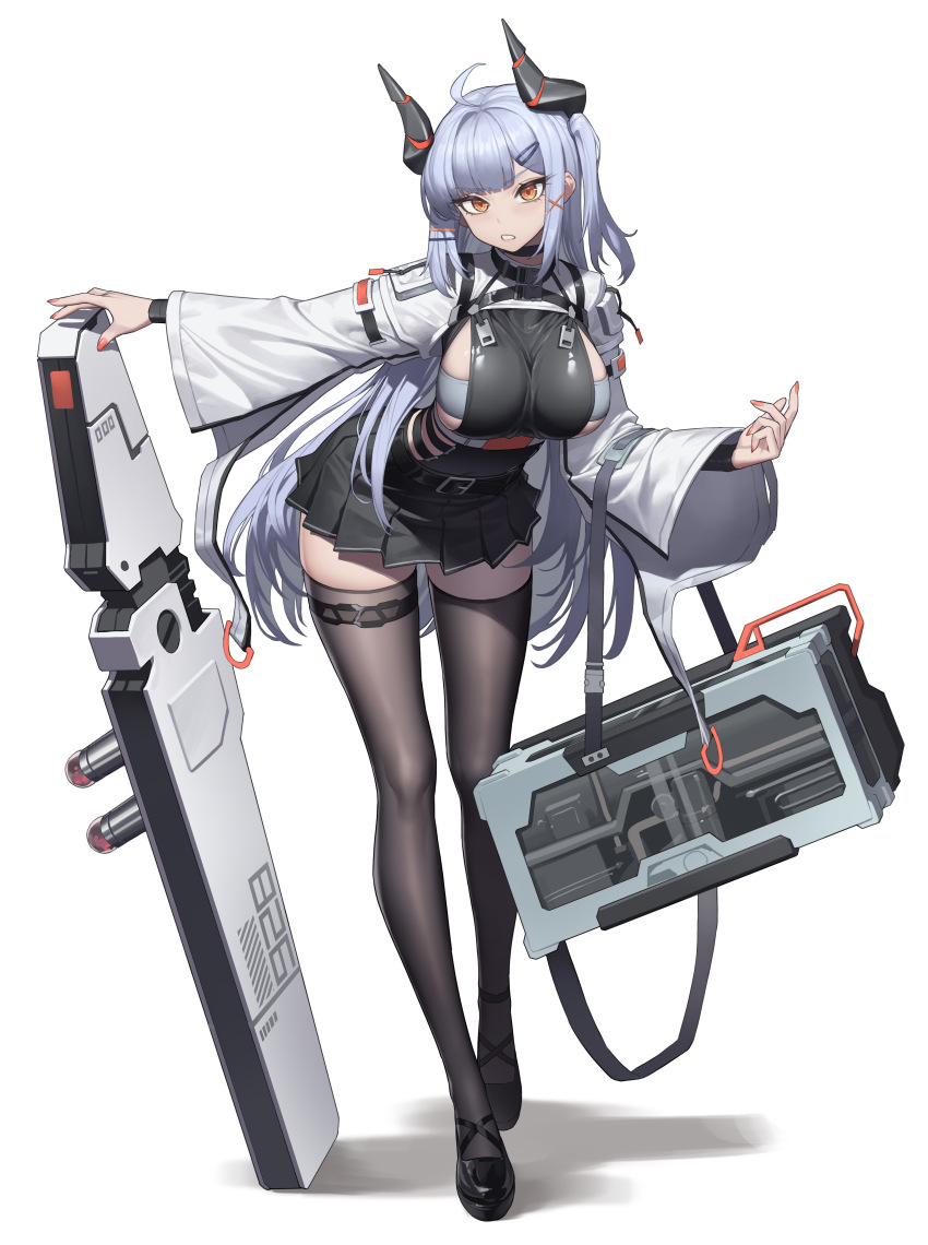 1girl absurdres ahoge bent_over black_thighhighs breasts grey_hair highres horns large_breasts long_hair looking_at_viewer orange_eyes original pleated_skirt sideboob skirt solo thighhighs very_long_hair white_background wide_sleeves xzu