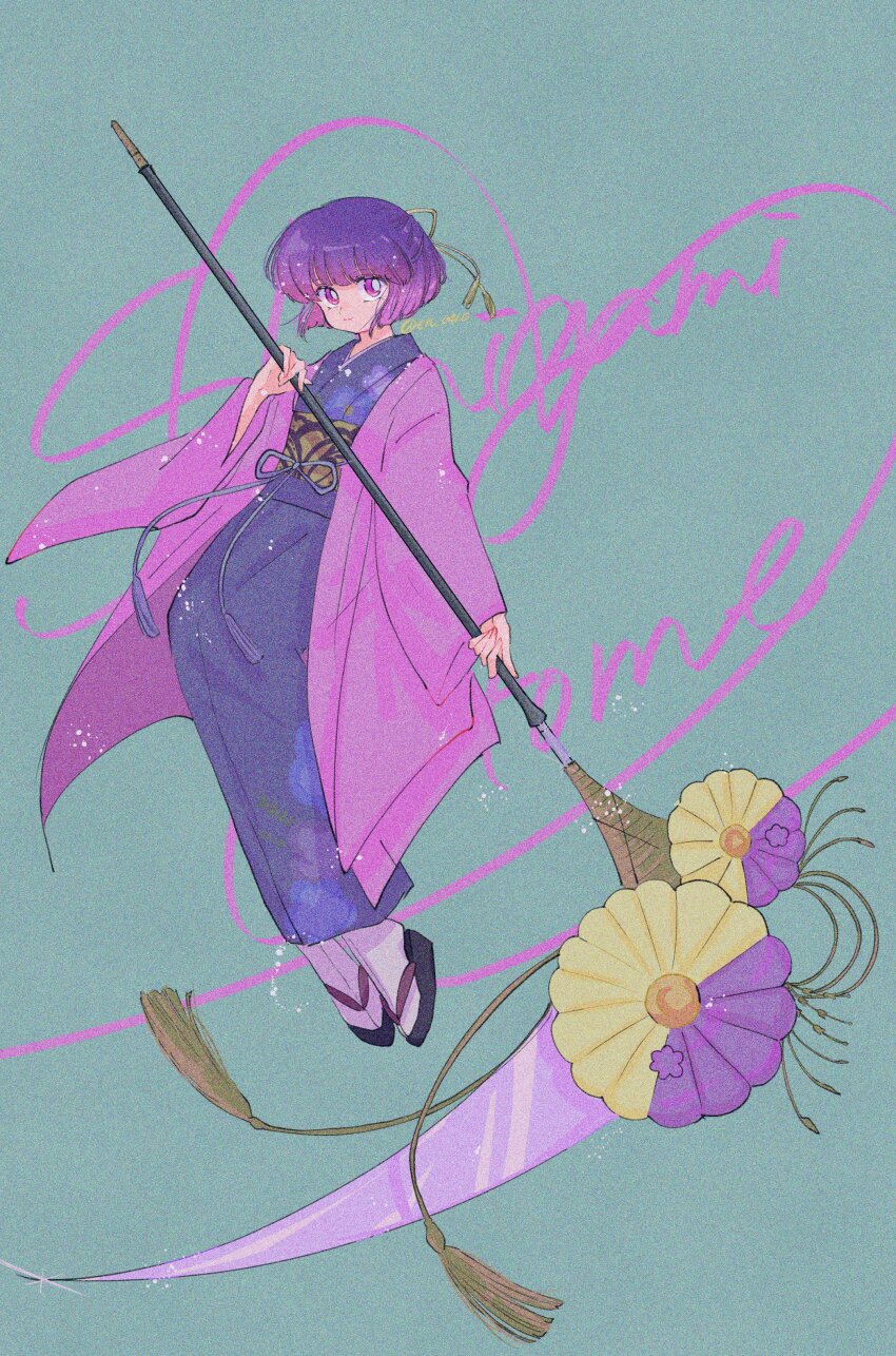 1girl absurdres blue_kimono character_name en_0410 full_body highres holding holding_scythe japanese_clothes kimono looking_at_viewer obi okobo original platform_footwear purple_eyes purple_hair sandals sash scythe shinigami short_hair socks solo tabi white_socks