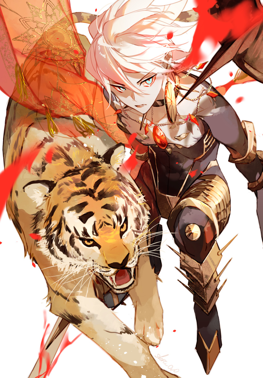 1boy bishounen blue_eyes cape commentary_request earrings fate/apocrypha fate/grand_order fate_(series) hair_between_eyes highres jewelry karna_(fate) long_hair looking_at_viewer male_focus open_mouth pale_skin sakuramochi1003 solo tiger white_hair