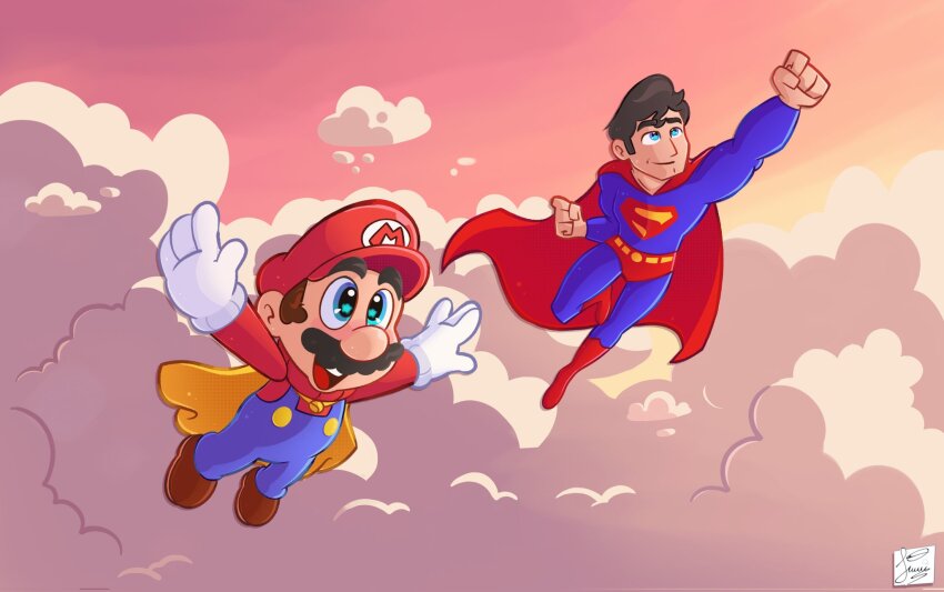 2boys belt black_hair blue_bodysuit blue_eyes blue_overalls bodysuit boots brown_footwear brown_hair cape cape_mario cloud crossover dc_comics facial_hair flying full_body gloves grin hat highres juanc_h00 mario mario_(series) multiple_boys mustache nintendo overalls red_cape red_hat red_shirt shirt sky smile super_mario_world superman superman_(series) white_gloves yellow_cape