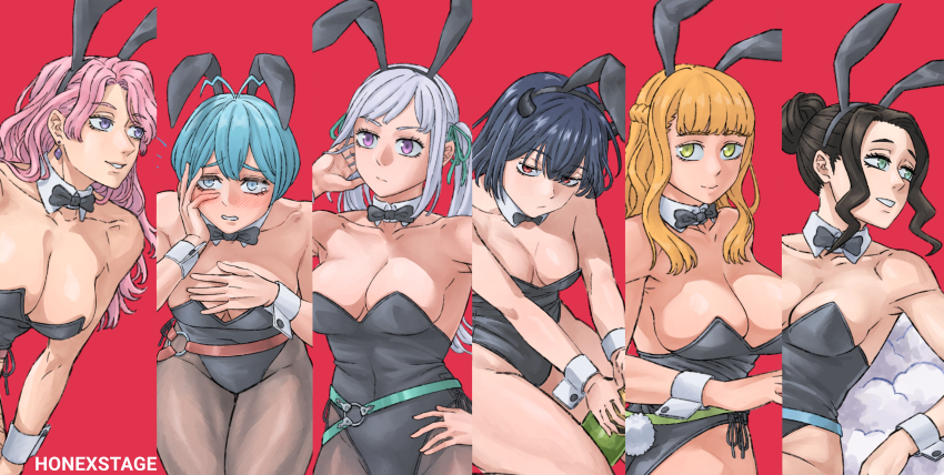 6+girls absurdres alternate_costume animal_ears bare_shoulders black_clover black_hair black_leotard blue_eyes blue_hair blunt_bangs blush bottle bow bowtie breasts charmy_pappitson cleavage covering_breasts covering_privates cowboy_shot demon_horns detached_collar embarrassed expressionless fake_animal_ears green_eyes grey_(black_clover) grey_hair hair_bun half_up_braid hand_on_own_face hand_on_own_hip hand_up highleg highleg_leotard highres honexstage horns large_breasts leotard long_hair looking_at_viewer mimosa_vermillion multiple_girls orange_hair pantyhose parted_lips pink_hair playboy_bunny purple_eyes rabbit_ears rabbit_tail red_background red_eyes secre_swallowtail short_hair sidelocks single_hair_bun strapless strapless_leotard tail traditional_bowtie twintails vanessa_enoteca white_wrist_cuffs wine_bottle wrist_cuffs