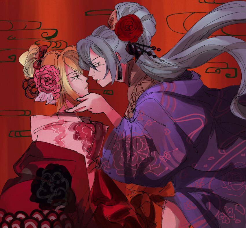 2girls absurdres amayumerou_(vocaloid) aqua_hair blonde_hair commentary english_commentary face-to-face flower from_side hair_flower hair_ornament hand_on_another&#039;s_chin hatsune_miku highres japanese_clothes kagamine_rin kanzashi kimono long_hair looking_at_another multiple_girls pink_flower pink_rose purple_kimono red_background red_flower red_kimono red_rose rose very_long_hair vocaloid y4ntaoist yuri