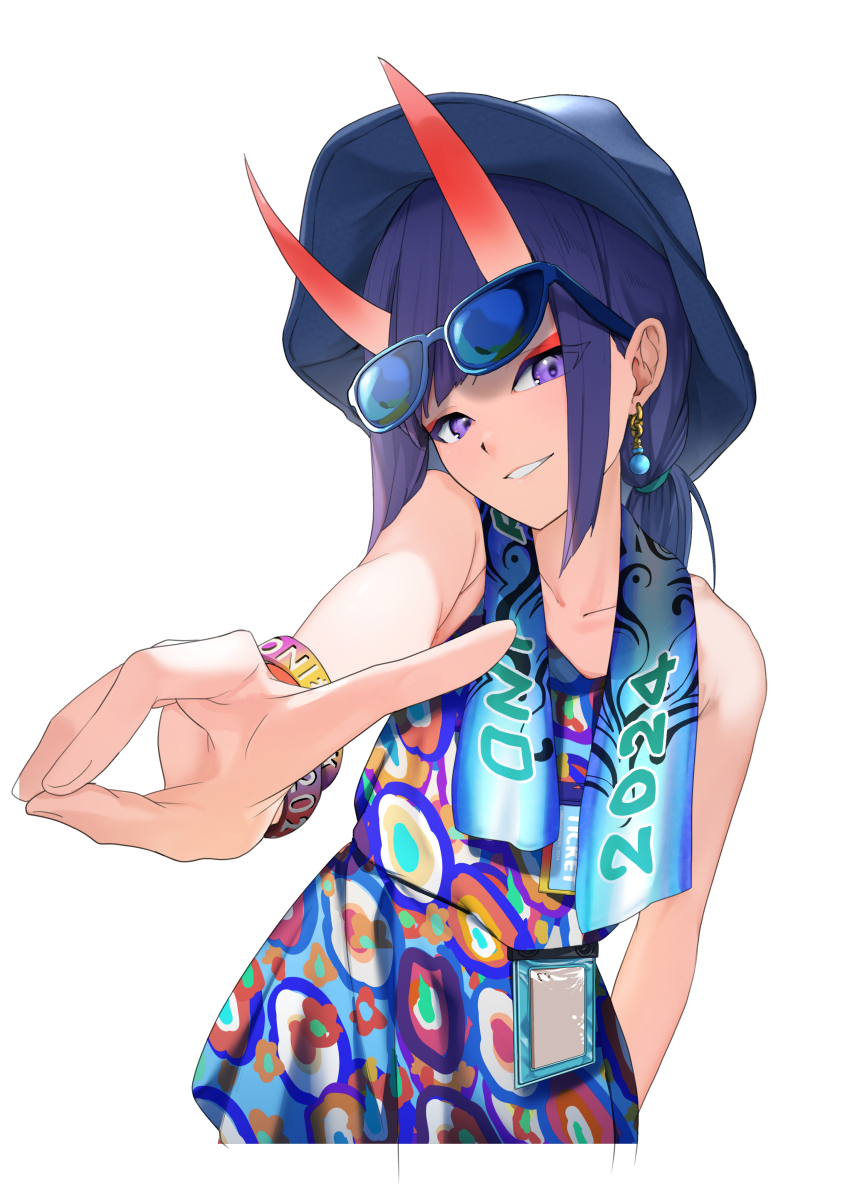 1girl absurdres blue_dress blue_hat breasts dress earrings eyeliner fate/grand_order fate_(series) grin hat highres horns index_finger_raised jewelry looking_at_viewer low_twintails makeup oni purple_eyes purple_hair short_hair shuten_douji_(fate) skin-covered_horns sleeveless sleeveless_dress small_breasts smile solo sunglasses terasako twintails