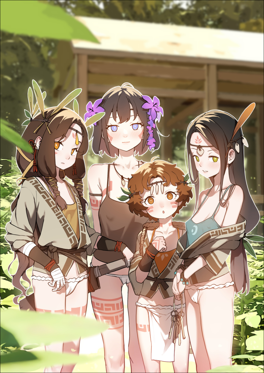 4girls @_@ bandaged_arm bandages bare_shoulders black_hair blue_eyes blurry blush blvefo9 bodypaint breasts brown_eyes brown_hair cleavage closed_mouth covered_erect_nipples facial_mark feather_hair_ornament feathers flower fundoshi hair_flower hair_ornament highres japanese_clothes jewelry long_hair looking_at_viewer multiple_girls necklace orange_eyes original outdoors parted_lips short_hair small_breasts smile standing tattoo very_long_hair yellow_eyes