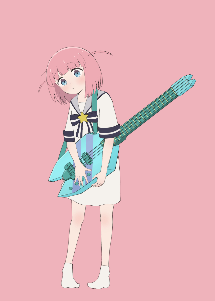 1girl absurdres ankle_socks bass_guitar blue_hair bocchi_the_rock! bow bowtie closed_mouth delmin_(show_by_rock!!) dot_mouth dot_nose electric_bass_guitar full_body gotoh_futari guitar_strap head_tilt highres holding holding_bass_guitar holding_instrument instrument oversized_clothes oversized_shirt pink_background pink_hair sailor_collar shirt show_by_rock!! socks solo standing star_ornament two_side_up voice_actor_connection watada_misaki white_shirt white_socks zephda