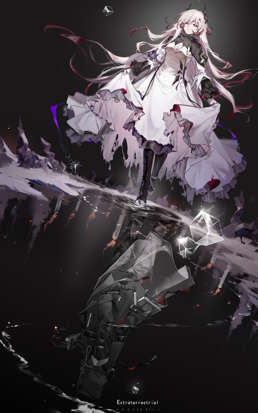 1girl absurdres ambiguous_gender arknights candle cleavage_cutout clothing_cutout commentary_request cube different_reflection doctor_(arknights) dongsheng dress fire highres horns matches protected_link reflection shoes skirt_hold theresa_(arknights)