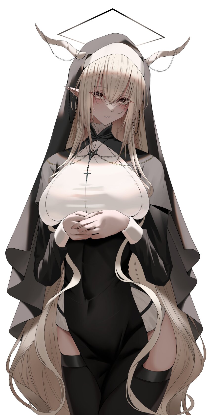 1girl absurdres alternate_costume arknights black_dress black_thighhighs black_veil breasts commentary_request covered_navel cowboy_shot cross cross_necklace dress elf grey_eyes grey_hair habit halo highres horns jewelry large_breasts long_hair necklace own_hands_together parted_lips pelvic_curtain pointy_ears shining_(arknights) simple_background solo sonna_watashi thighhighs thighs veil very_long_hair white_background white_horns