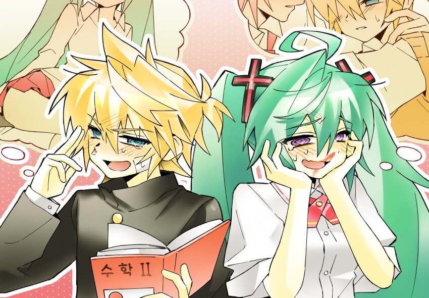 1boy 1girl @_@ absurdres ahoge aqua_hair blood blue_eyes blush book collared_shirt confessions_of_a_rotten_girl_(vocaloid) cross_hair_ornament female_pervert gakuran glasses hair_ornament hand_up hands_on_own_cheeks hands_on_own_face hatsune_miku highres holding holding_book hynn0x_x imagining kagamine_len long_hair miniskirt nosebleed open_mouth pervert pink_background plus_danshi_(vocaloid) polka_dot polka_dot_background purple_eyes red_skirt school_uniform shirt short_hair short_ponytail skirt speech_bubble sweat thought_bubble twintails upper_body vocaloid white_shirt yaoi