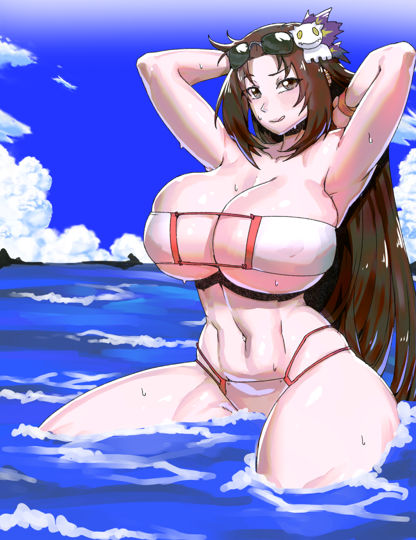 1girl absurdres armpits arms_up bikini blue_sky breasts brown_eyes cleavage cloud cloudy_sky commentary_request day eyepatch_bikini eyewear_on_head fate/grand_order fate_(series) hair_ornament highres huge_breasts licking_lips long_hair looking_at_viewer minew muscular muscular_female navel ocean outdoors partially_submerged sky solo stomach sunglasses swimsuit tongue tongue_out water wet yu_mei-ren_(fate) yu_mei-ren_(swimsuit_lancer)_(fate)