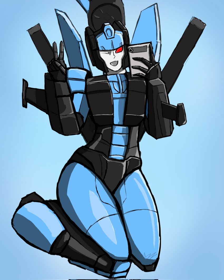 1girl azzertyimages black_panties blue_background cellphone highres humanoid_robot moonheart one_eye_closed panties phone red_eyes robot robot_girl selfie simple_background smartphone solo thighs transformers underwear v