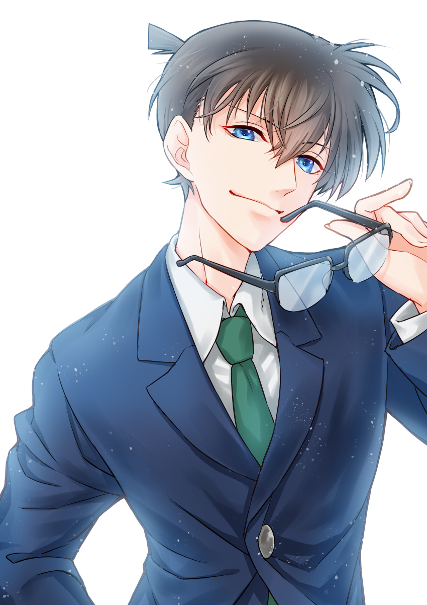 1boy absurdres blue_jacket brown_hair closed_mouth collared_shirt unworn_eyewear glasses green_necktie hair_between_eyes highres holding holding_removed_eyewear jacket kudou_shin&#039;ichi long_sleeves male_focus meitantei_conan necktie remsor076 shirt short_hair simple_background smile solo upper_body white_background white_shirt wing_collar