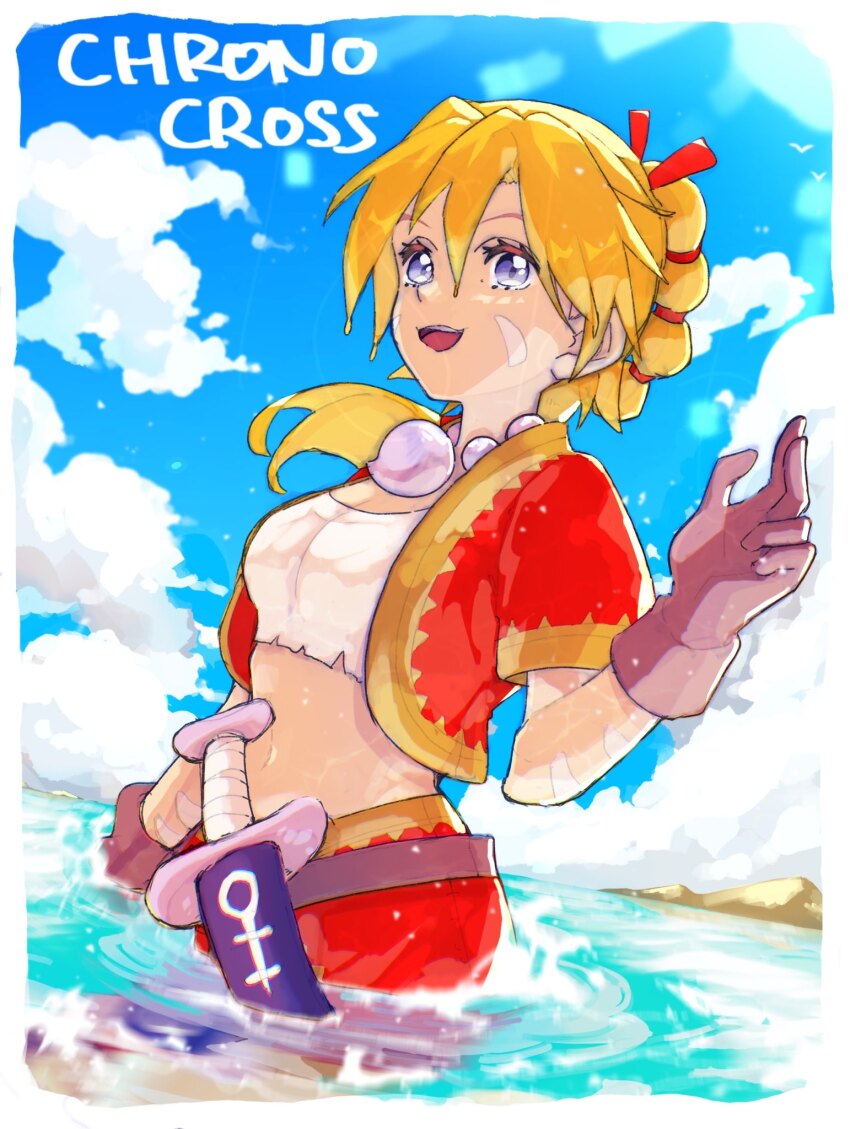 1girl blonde_hair blue_sky border braid brown_gloves chrono_cross cloud commentary_request copyright_name cropped_jacket day facial_mark gloves hair_between_eyes hair_ribbon highres jacket kid_(chrono_cross) long_hair midriff naekam navel open_mouth outdoors partially_submerged red_jacket red_ribbon red_skirt ribbon shirt short_sleeves skirt sky solo stomach sunlight teeth upper_teeth_only white_border white_shirt