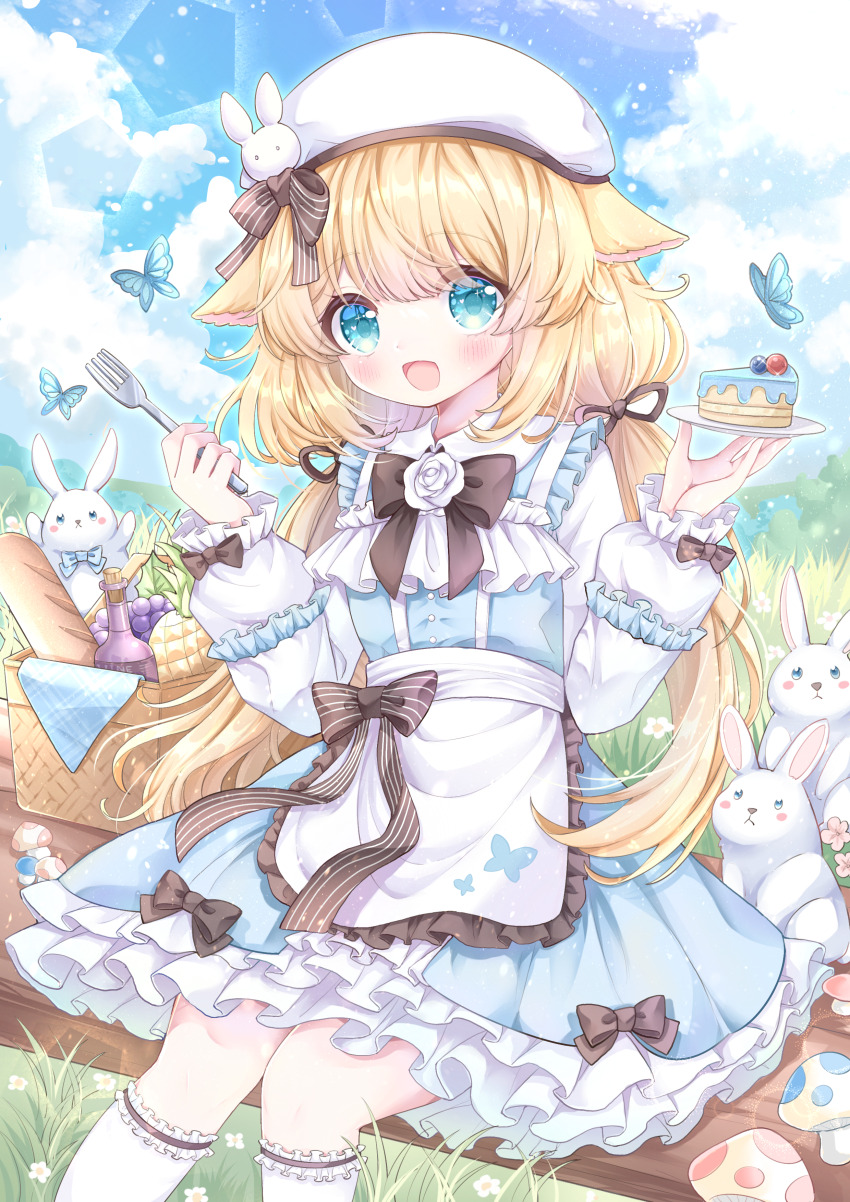 1girl absurdres animal_ears animal_print apron aqua_dress aqua_eyes arms_up baguette black_bow black_bowtie black_ribbon blonde_hair bottle bow bowtie bread bug butterfly butterfly_print cake cake_slice cloud cloudy_sky dress flower food fork fox_ears frilled_apron frilled_dress frilled_sleeves frills fruit grapes hair_ribbon hat_ornament highres holding holding_fork holding_plate insect layered_dress long_hair long_sleeves looking_at_viewer mushroom open_mouth original outdoors picnic_basket pineapple plate rabbit rabbit_hat_ornament ribbon rose sitting sky smile socks solo striped_bow twintails very_long_hair white_apron white_flower white_rose white_socks z-s_(sofiazs2333)