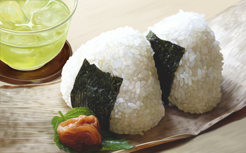 bamboo close-up cup derivative_work drinking_glass food food_focus fruit ice ice_cube jiji_(kbj0225) leaf no_humans nori_(seaweed) onigiri photorealistic realistic rice umeboshi