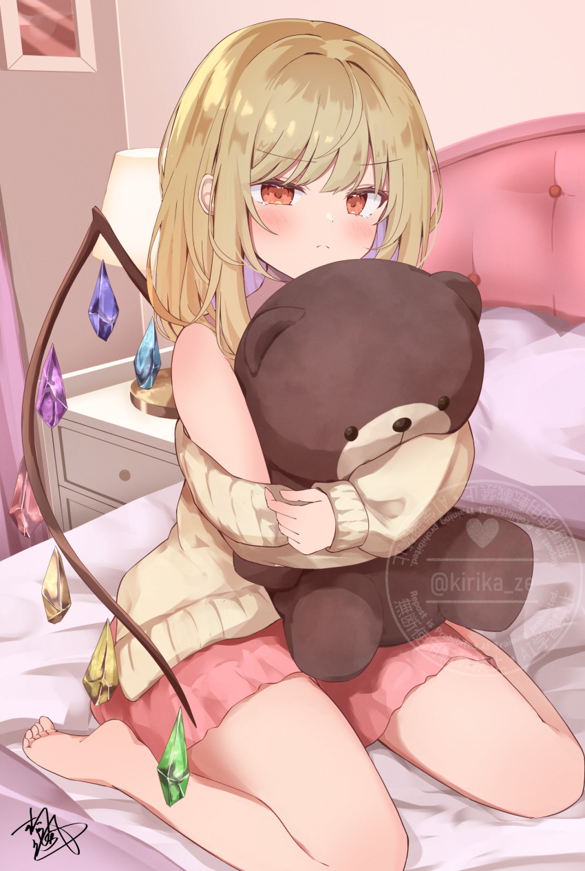 1girl alternate_costume bare_shoulders barefoot bed bedroom blonde_hair blush closed_mouth commentary desk_lamp flandre_scarlet frown full_body highres hugging_doll hugging_object indoors jacket kirikaze_ren lamp long_hair long_sleeves looking_at_viewer multicolored_wings nightstand on_bed picture_frame pillow pink_skirt red_eyes signature single_bare_shoulder sitting skirt solo stuffed_animal stuffed_toy teddy_bear touhou v-shaped_eyebrows wariza watermark wings yellow_jacket