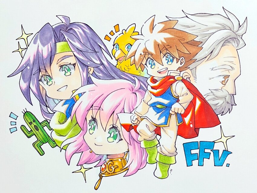 2boys 2girls bartz_klauser beard bird blue_eyes blue_tunic boots brooch brown_eyes brown_hair cactus chibi chocobo clenched_hands cloak closed_mouth facial_hair faris_scherwiz final_fantasy final_fantasy_v full_body galuf_halm_baldesion gem gold_collar green_cloak green_eyes green_footwear green_headband grey_hair hair_between_eyes headband highres jewelry lenna_charlotte_tycoon long_hair long_sleeves medium_hair motoko_(taom) multiple_boys multiple_girls mustache old old_man open_mouth pants parted_bangs parted_lips pink_hair popped_collar profile purple_hair red_cloak red_gemstone sabotender shirt short_hair siblings sisters smile sparkle spiked_hair traditional_media tunic upper_body white_pants white_shirt