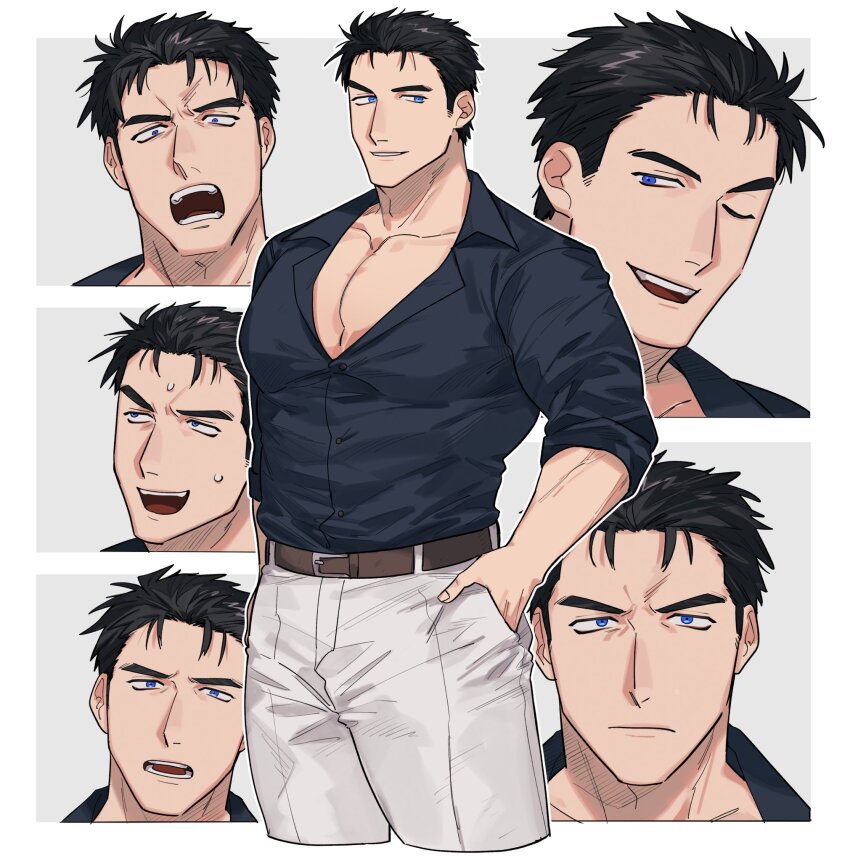 1boy angry bara belt black_hair black_shirt blue_eyes brown_belt domo_(domo_kizusuki) hand_in_pocket highres large_pectorals male_focus mature_male multiple_views muscular muscular_male one_eye_closed open_mouth original pants pectoral_cleavage pectorals shirt sleeves_rolled_up smile staring sweatdrop teeth thick_eyebrows white_pants