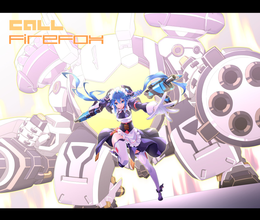 1girl black_dress black_footwear blue_eyes blue_hair bow breasts dress dual_wielding firefox_(smc) floating_hair gun highres holding holding_gun holding_weapon leaning_forward letterboxed long_hair maid maid_headdress mecha medium_breasts multicolored_hair ning_(smc) official_alternate_costume open_hand pink_hair robot running science_fiction shoulder_cannon sin6 standing streaked_hair submachine_gun super_mecha_champions thighhighs twintails very_long_hair weapon white_bow white_thighhighs