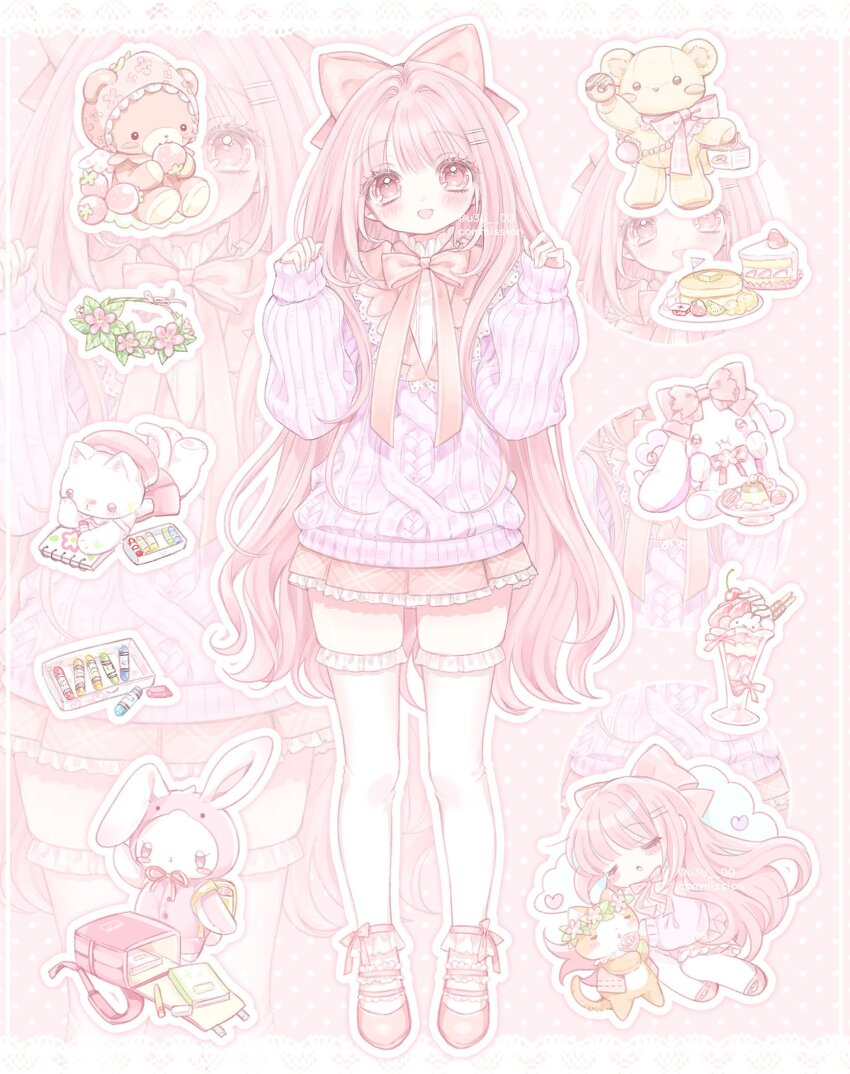 1girl blush bow chibi commentary_request commission crayon full_body hair_bow highres korean_commentary long_hair looking_at_viewer mipi_(u3u_00) multiple_views original pastel_colors pink_eyes pink_footwear pink_hair pink_theme purple_sweater skirt solo_focus standing stuffed_animal stuffed_toy sweater teddy_bear thighhighs very_long_hair white_thighhighs yume_kawaii zettai_ryouiki zoom_layer