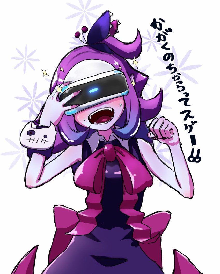 blush bow demon_girl dress fangs floral_background head-mounted_display highres musume_(yuunama) nail_polish playstation_vr purple_dress purple_nails sleeveless smile sparkle sweat sweatdrop v_yuusha_no_kuse_ni_namaiki_da_r yuusha_no_kuse_ni_namaiki_da yuzumikan121