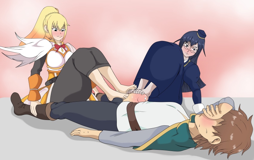 1boy 2girls absurdres barefoot censored cooperative_footjob darkness_(konosuba) footjob highres kono_subarashii_sekai_ni_shukufuku_wo! lying multiple_girls on_back penis satou_kazuma sena_(konosuba) two-footed_footjob