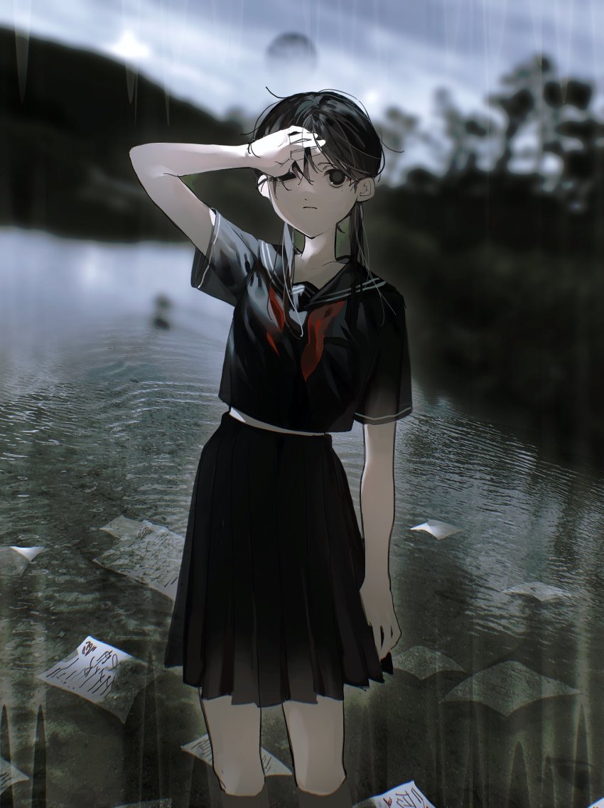 1girl blurry depth_of_field highres lake mrt_mr partially_submerged rain sailor_collar school_uniform standing water