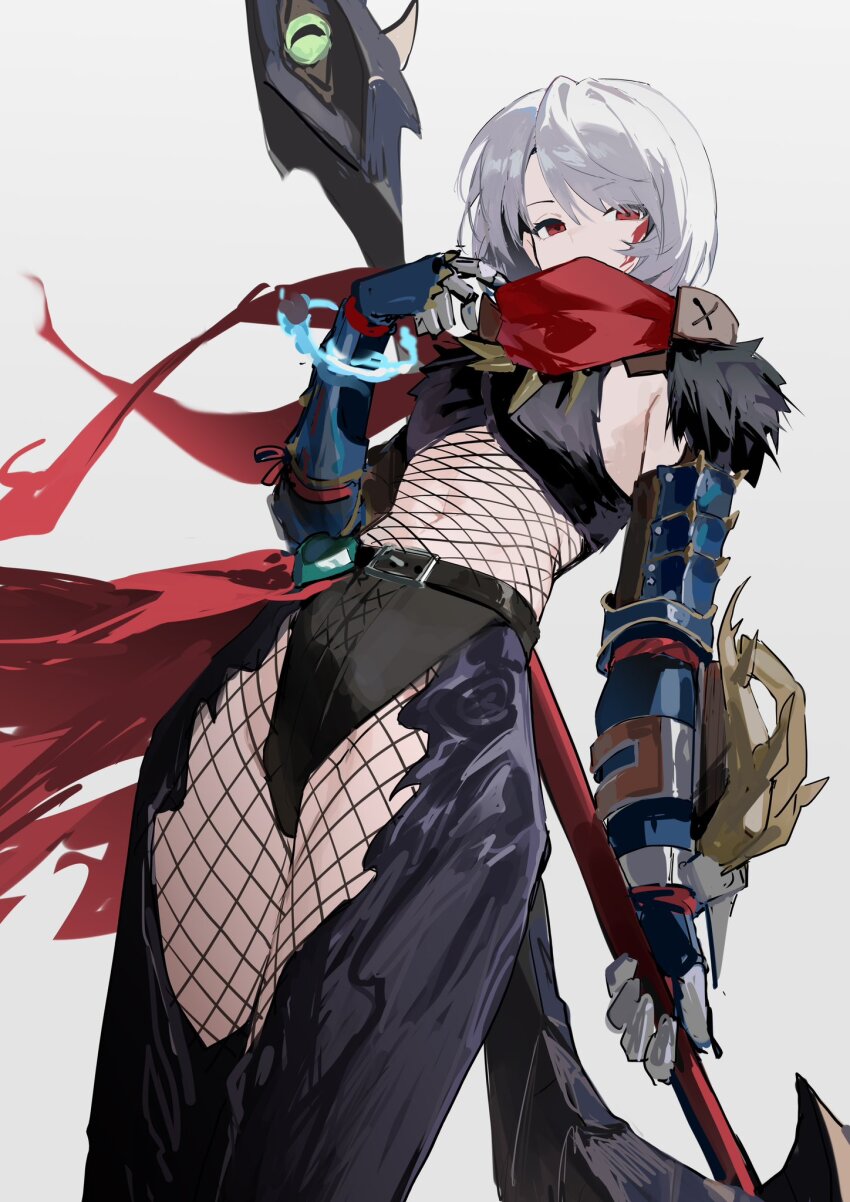 1girl armor belt black_fur fishnets gauntlets glaive_(polearm) grey_background hair_between_eyes highleg highres holding holding_polearm holding_weapon japanese_clothes jiu_ye_sang monster_hunter_(character) monster_hunter_(series) navel polearm red_eyes red_scarf scarf short_hair simple_background solo weapon white_hair