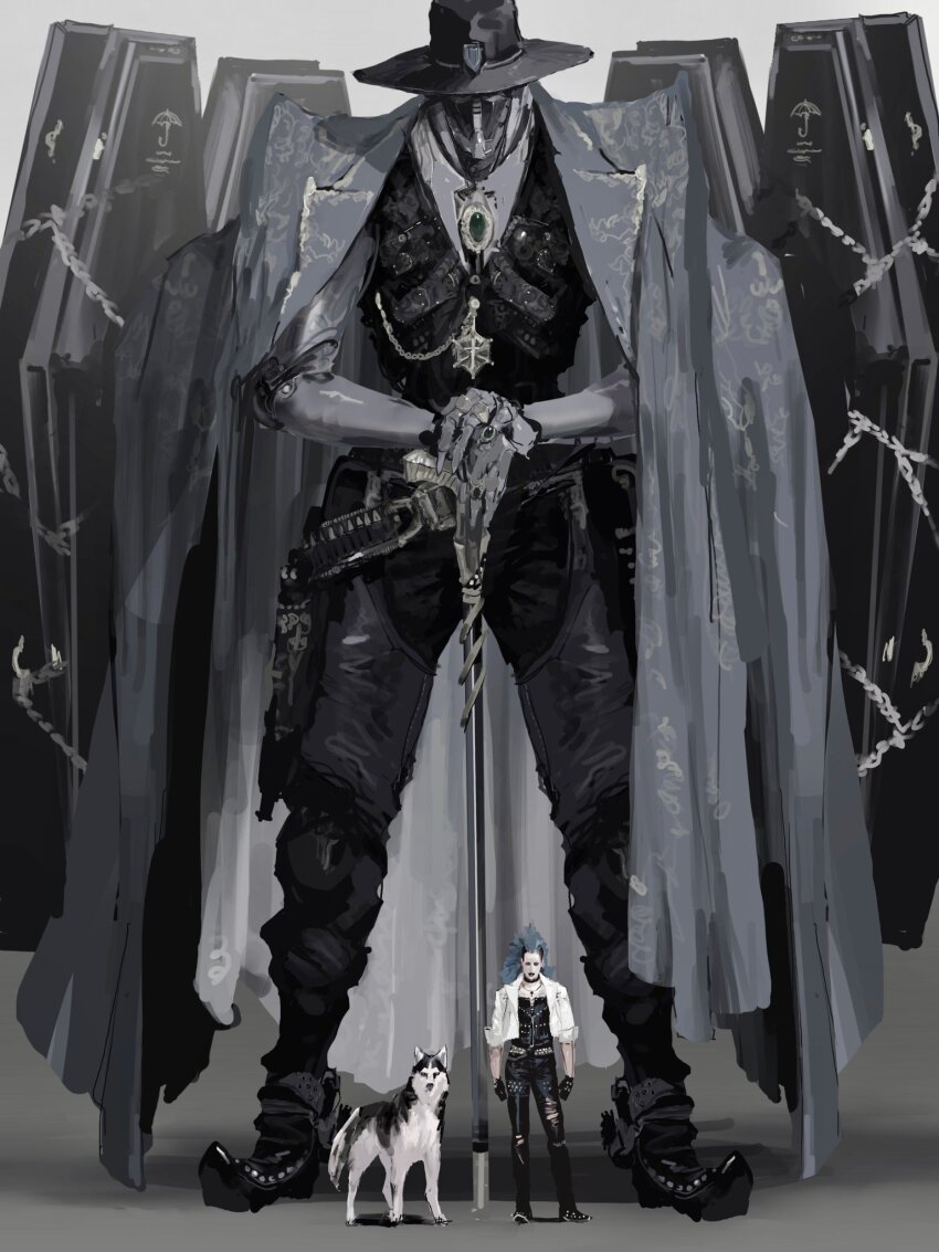 1boy black_bodysuit black_headwear black_pants black_vest bodysuit cane clothed_robot dog grey_jacket hat highres holding holding_cane husky jacket jacket_on_shoulders looking_at_viewer mecha original pants rintaro_komori robot torn_bodysuit torn_clothes vest white_jacket