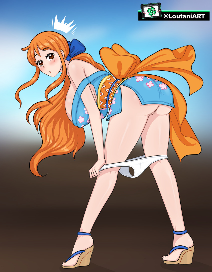 1girl absurdres areola_slip breasts brown_eyes cleavage covered_erect_nipples female_focus highres huge_breasts japanese_clothes kimono long_hair looking_at_viewer loutani lying nami_(one_piece) on_side one_piece open_mouth orange_hair panties see-through_clothes short_kimono smile solo tattoo underwear white_panties