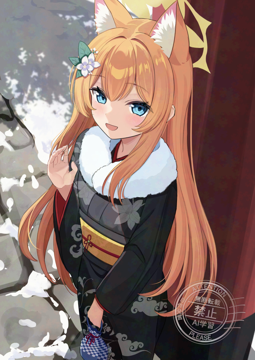 1girl absurdres alternate_costume animal_ear_fluff animal_ears bag black_kimono blue_archive blue_bag blue_eyes blush cat_ears cat_girl floral_print floral_print_kimono fur_trim hair_between_eyes highres holding holding_bag japanese_clothes kimono long_hair looking_at_viewer mari_(blue_archive) mikeran5648 open_mouth orange_hair print_kimono sash sidelocks waving yellow_sash