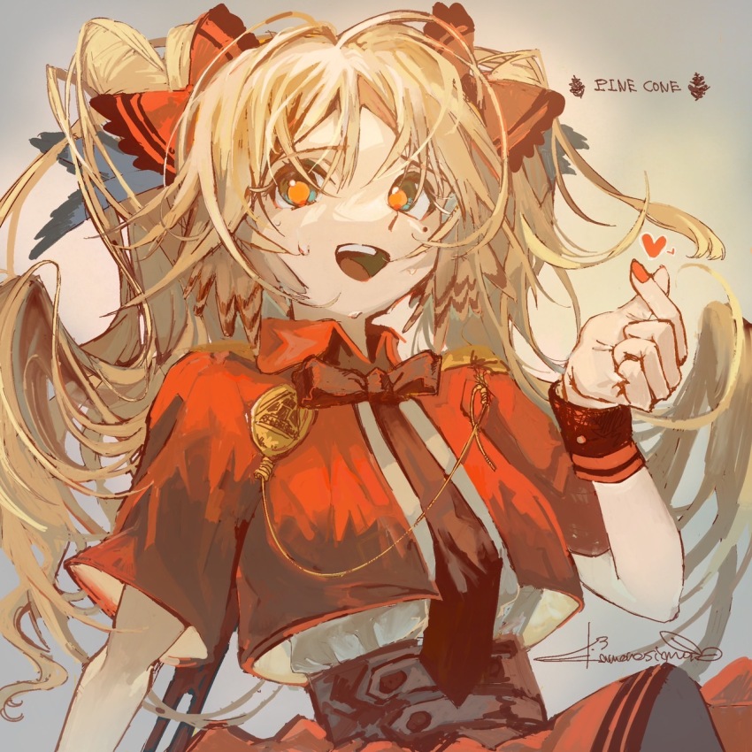 1girl arknights belt black_belt black_necktie blonde_hair blue_eyes bow character_name collared_jacket commentary feather_hair finger_heart floating_hair gradient_background grey_background hair_bow hand_up heart highres idol_clothes jacket kamonoshima long_hair looking_at_viewer messy_hair mole mole_under_eye multiple_hair_bows necktie open_clothes open_jacket open_mouth orange_pupils pinecone_(arknights) pinecone_(sing_a_song)_(arknights) pocket_watch red_bow red_jacket red_nails red_skirt shirt short_sleeves shoulder_boards signature skirt smile solo sweat teeth twintails two-tone_eyes upper_body upper_teeth_only watch white_shirt wrist_cuffs