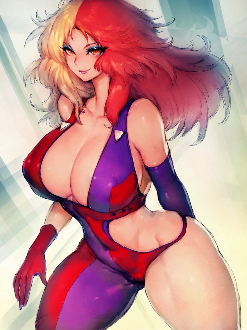 1girl asymmetrical_clothes asymmetrical_gloves bare_shoulders blonde_hair bodysuit breasts chara_soon covered_erect_nipples fumio_(rsqkr) gloves gundam gundam_zz highres large_breasts lips long_hair looking_at_viewer makeup mismatched_gloves multicolored_hair nipples purple_gloves red_gloves red_hair red_lips revealing_clothes thighs two-tone_hair wide_hips yellow_eyes