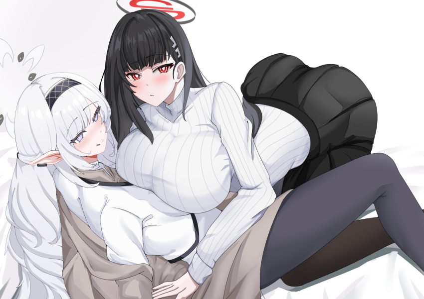 2girls ass black_hair black_hairband black_halo black_pantyhose blue_archive bright_pupils hair_ornament hairband hairclip hairpin halo highres himari_(blue_archive) lengkuass multiple_girls pantyhose pointy_ears red_eyes ribbed_sweater rio_(blue_archive) striped_clothes striped_hairband sweater turtleneck turtleneck_sweater white_halo white_pupils white_sweater