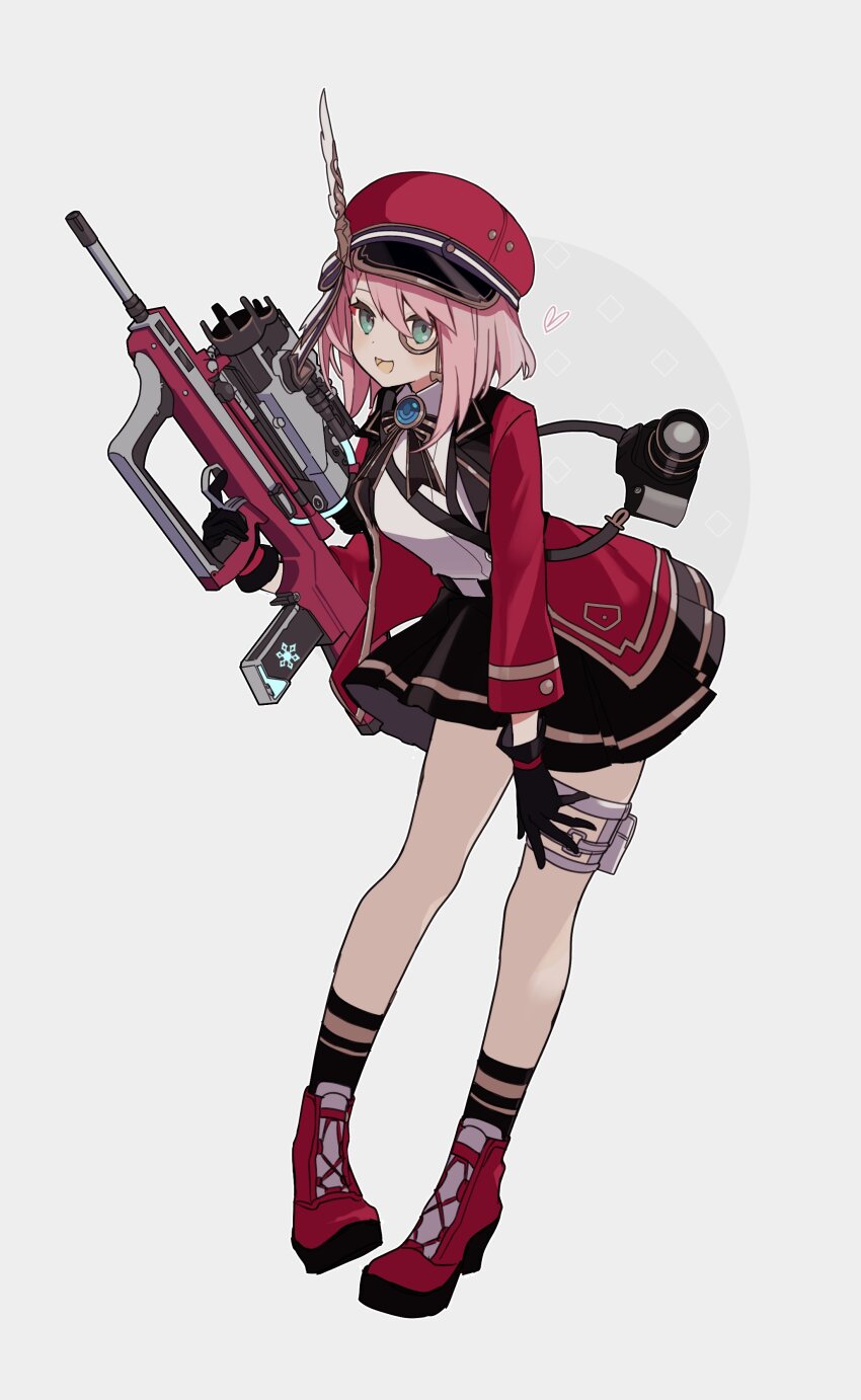 1girl absurdres adapted_costume assault_rifle belt belt_skirt black_gloves black_skirt black_socks blue_brooch blue_gemstone bow bullpup cabbie_hat camera charlotte_(genshin_impact) collared_shirt cross-laced_footwear famas gem genshin_impact gloves gold_trim green_eyes grey_background gun hat hat_feather highres holding holding_gun holding_weapon jacket long_sleeves medium_hair merry-san monocle open_mouth pink_hair pleated_skirt red_footwear red_hat red_jacket red_sleeves rifle shirt skirt smile socks solo weapon white_shirt