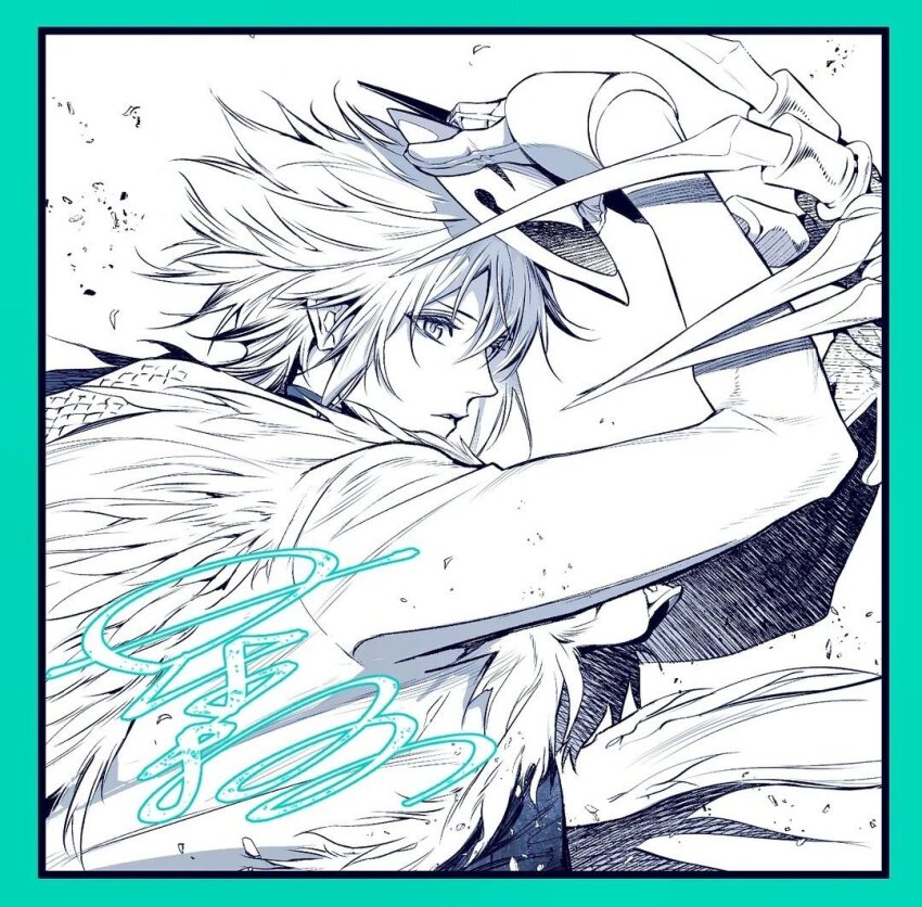 1boy allen_walker black_shirt claws clown_mask coat d.gray-man floating_hair fur_coat gloves greyscale hoshino_katsura long_sleeves mask monochrome profile shirt signature solo white_coat white_hair wind