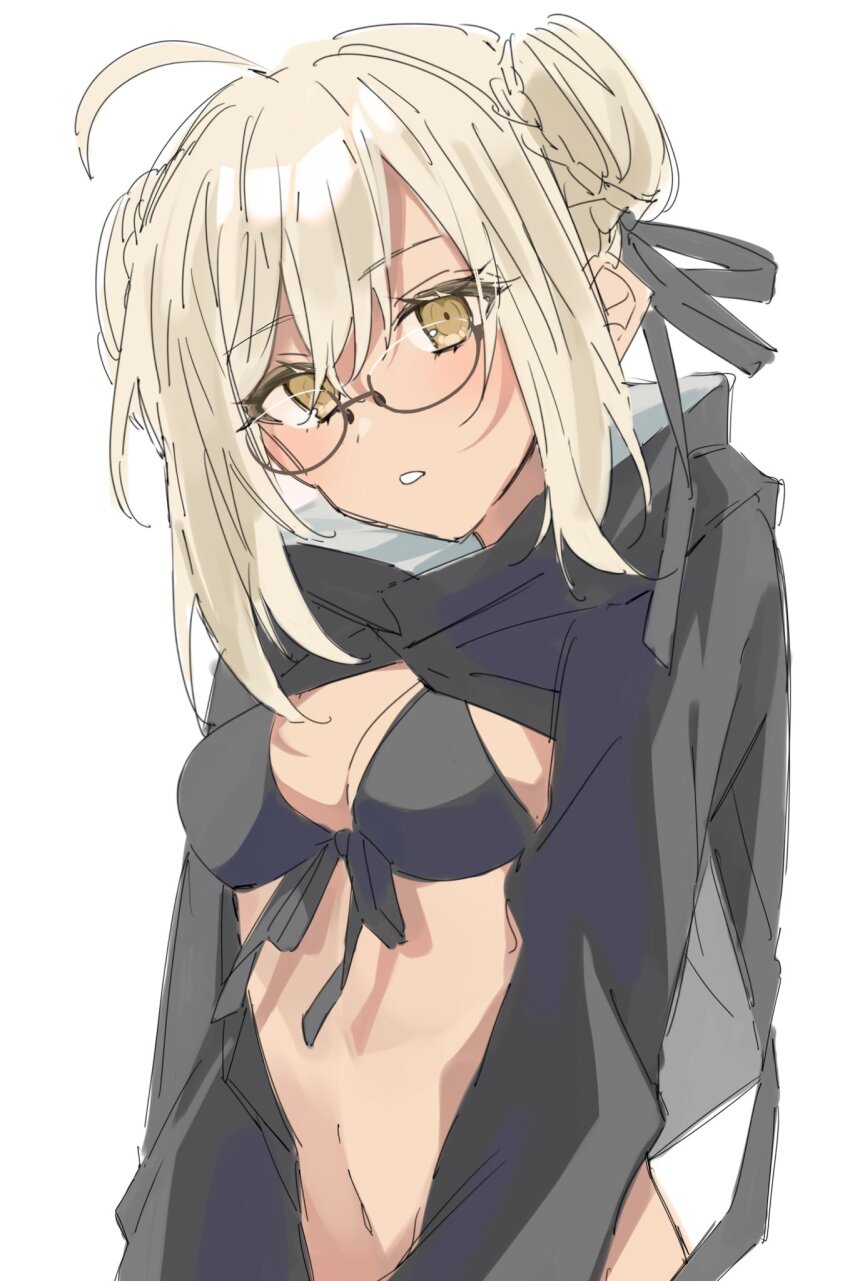 1girl ahoge artoria_pendragon_(fate) bikini black_bikini blonde_hair double_bun fate/grand_order fate_(series) glasses hair_bun highres mysterious_heroine_xx_alter_(fate) navel ooo00_cha shrug_(clothing) sketch swimsuit white_background yellow_eyes