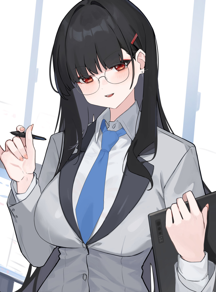 1girl absurdres black_hair blazer blue_necktie blush breasts earrings glasses highres holding holding_stylus holding_tablet_pc jacket jewelry kevinlim39 large_breasts long_hair looking_at_viewer necktie original red_eyes round_eyewear solo stud_earrings stylus tablet_pc upper_body