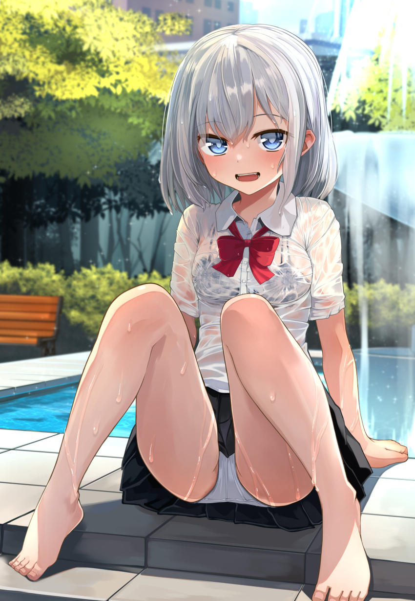 1girl barefoot bench black_skirt blue_eyes blush bow bowtie breasts building bush collared_shirt day feet fountain grey_hair highres leafy_(kitsuneya) legs looking_at_viewer medium_breasts medium_hair open_mouth original outdoors panties pantyshot red_bow red_bowtie see-through_clothes see-through_shirt shirt short_sleeves sitting skirt solo tree underwear upskirt water wet white_panties