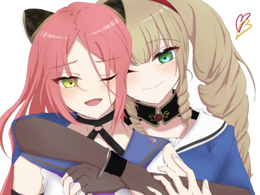 2girls ;) aqua_eyes arm_around_shoulder arm_at_side assault_lily black_choker blue_shirt blush bracelet brown_gloves choker closed_mouth commentary drill_hair drill_sidelocks elbow_gloves fingerless_gloves gloves hair_between_eyes hairpods hand_up hands_up heads_together heart highres hug hug_from_behind jewelry komai_sumire kurano_(kra_ringo) light_brown_hair long_bangs looking_at_viewer multiple_girls neckerchief o-ring o-ring_choker odaiba_girls_high_school_uniform one_eye_closed open_mouth parted_bangs purple_neckerchief red_hair school_uniform serafuku shiba_tomoshibi shirt short_sleeves sidelocks simple_background smile teeth twintails upper_body upper_teeth_only white_background yellow_eyes yuri